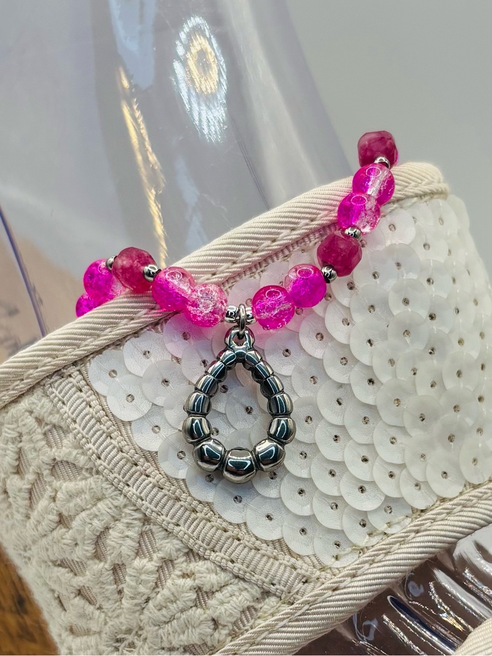 *ANKLET* S.Steel Teardrop & Pink Crackle Stone Stretchy Anklet - Picture 6 of 6